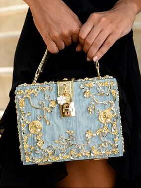 Verano Hill Elegant Blue and Gold Embellished Handbag / Acrylic Box Handbag  NWT